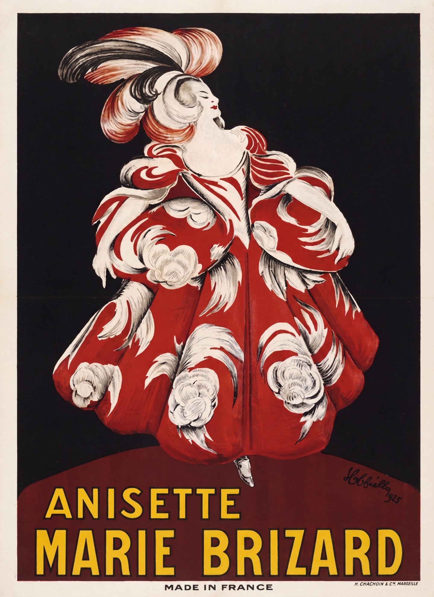 1925 Anisette Marie Brizard poster by Cappiello, woman in crimson gown on black, yellow lettering | The Vintage Poster Archives