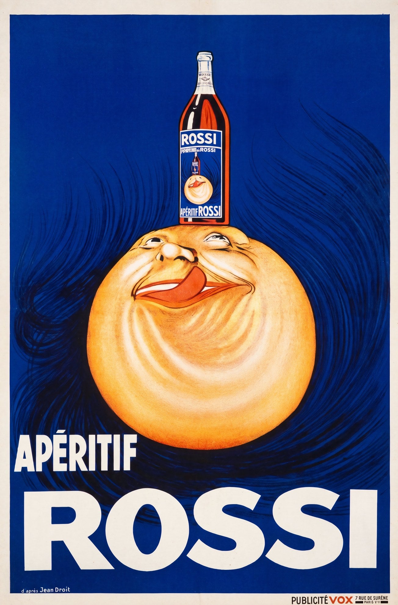 1930s Apéritif Rossi advertising poster, laughing orange with bottle balanced on head, cobalt blue, Jean Droit | The Vintage Poster Archives