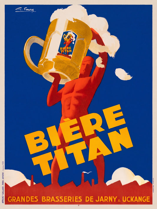 1933 French Art Deco beer poster: red Titan figure hoisting giant golden stein, Bière Titan, Favre | The Vintage Poster Archives