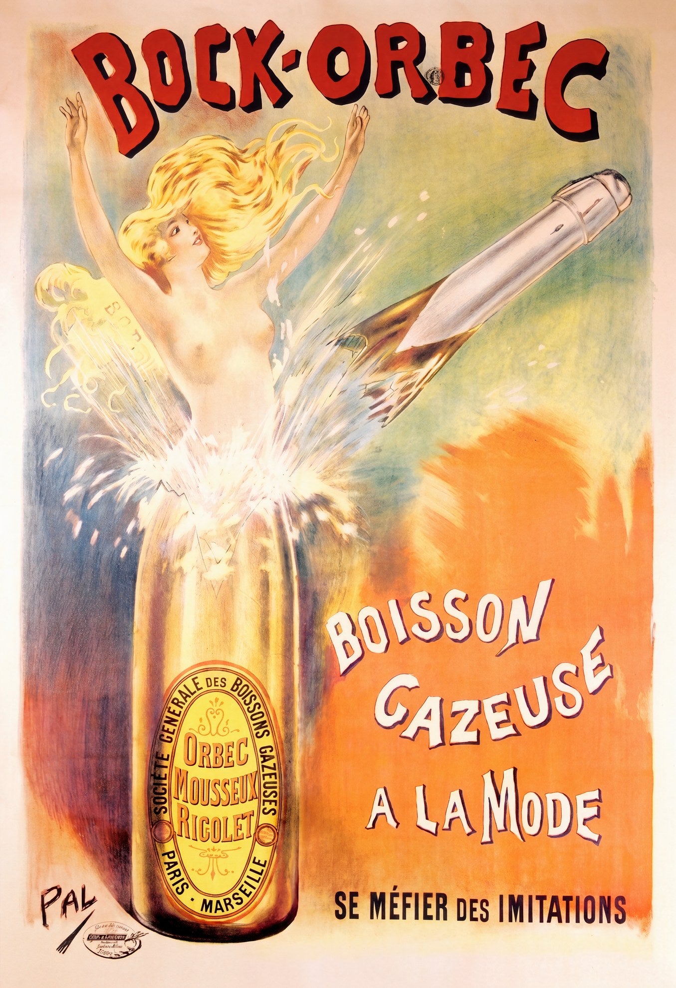 1894 French Art Nouveau poster: blonde woman rising from Bock-Orbec bottle, amber and red, PAL | The Vintage Poster Archives