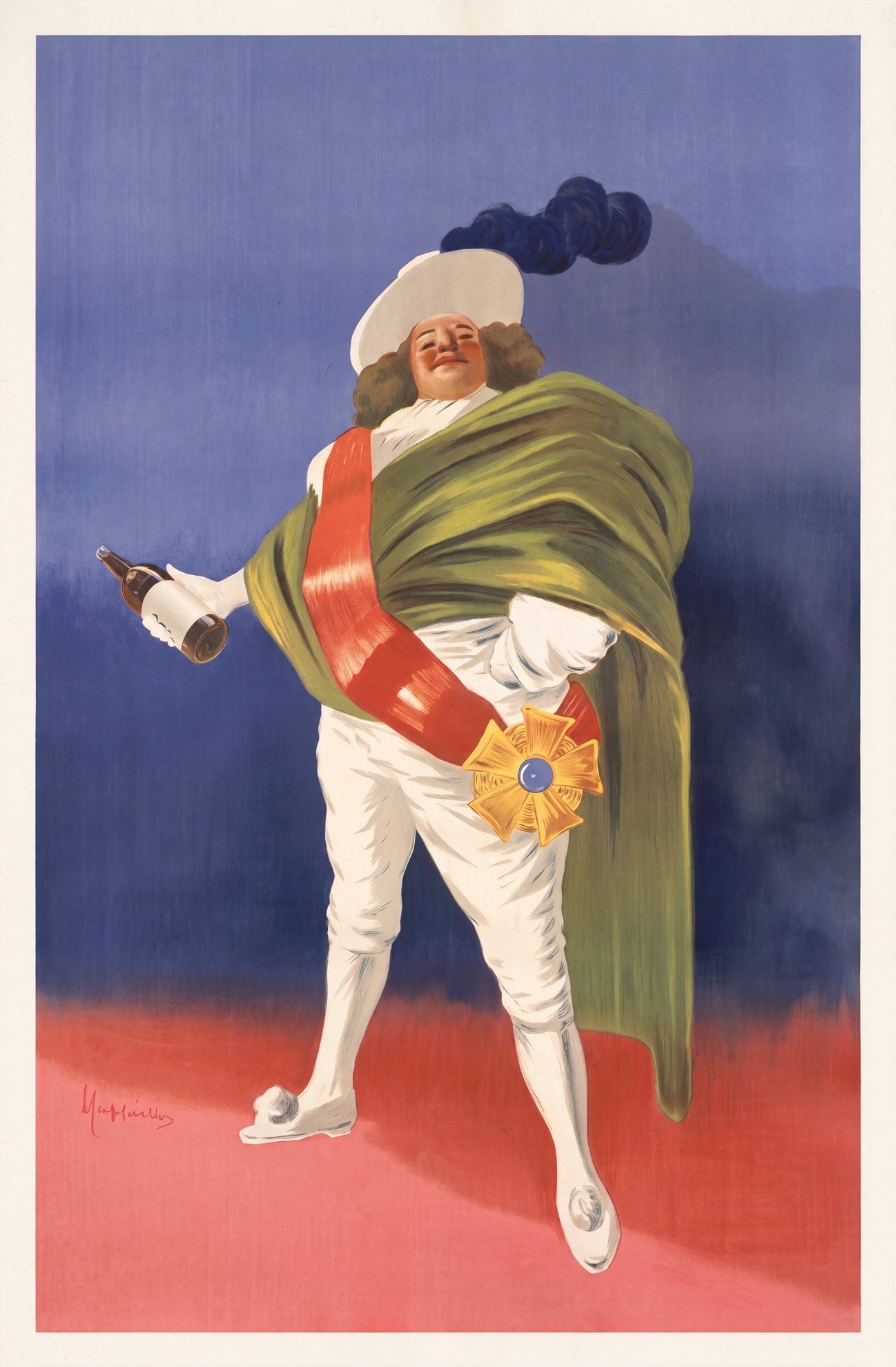 1922 Veuve Amiot sparkling wine poster by Cappiello, costumed regal figure in green cloak and red sash holding bottle | The Vintage Poster Archives