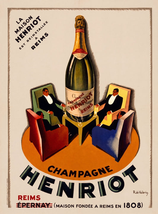 1920s Champagne Henriot poster, four men in tuxedos around giant bottle, amber and cream, Roger de Valerio | The Vintage Poster Archives