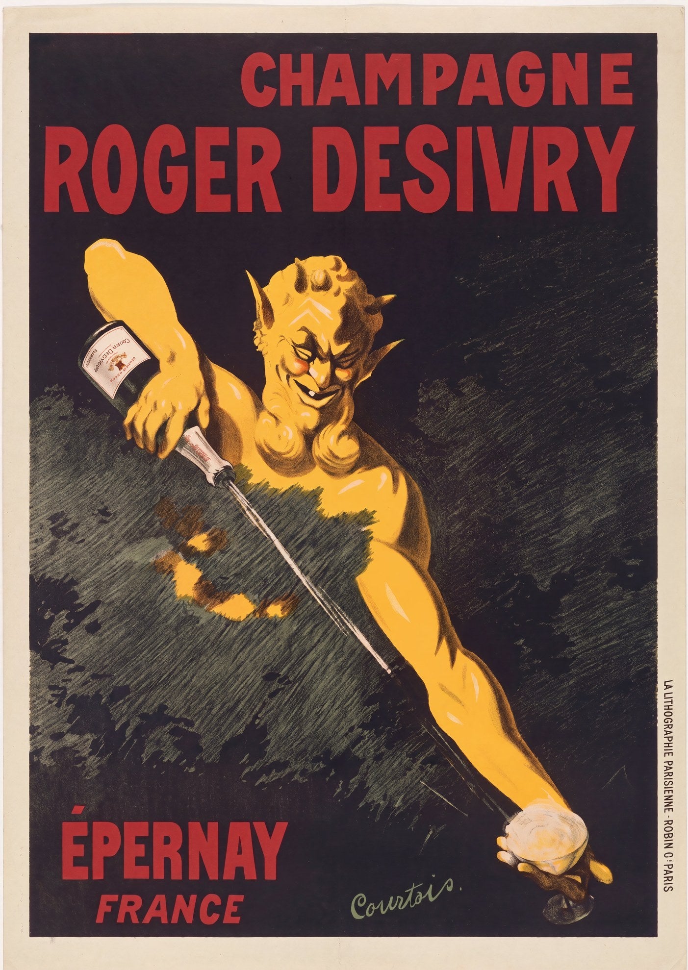 1930s French champagne poster: yellow devil lunges with bottle and coupe, crimson lettering, Courtois | The Vintage Poster Archives