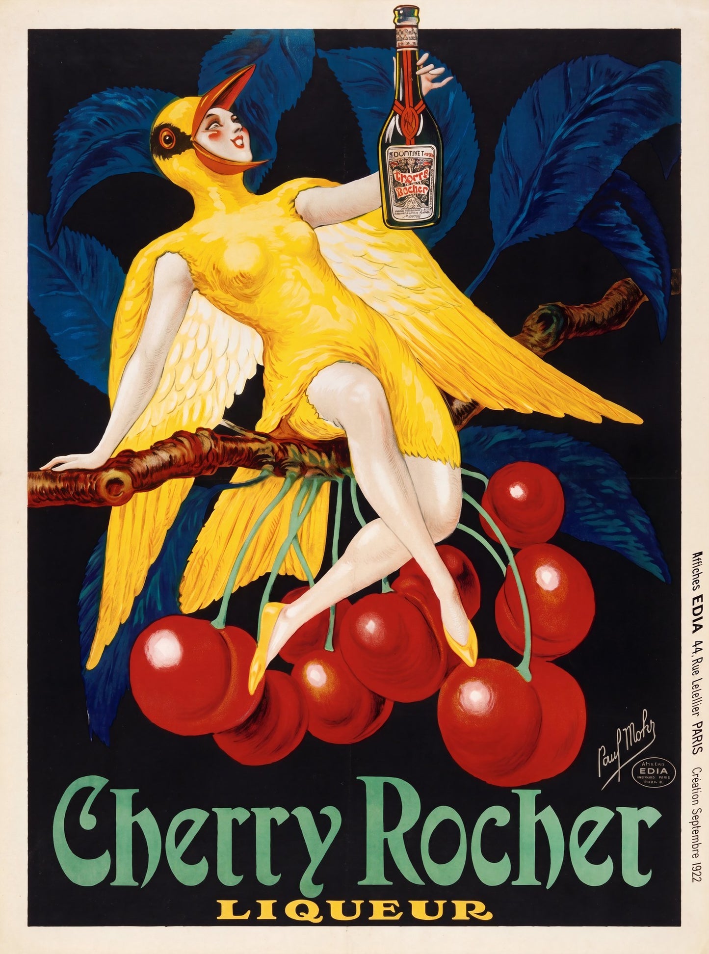 1922 Cherry Rocher Liqueur poster by Paul Mohr, yellow bird-woman on cherry branch, black ground, cobalt blue leaves | The Vintage Poster Archives