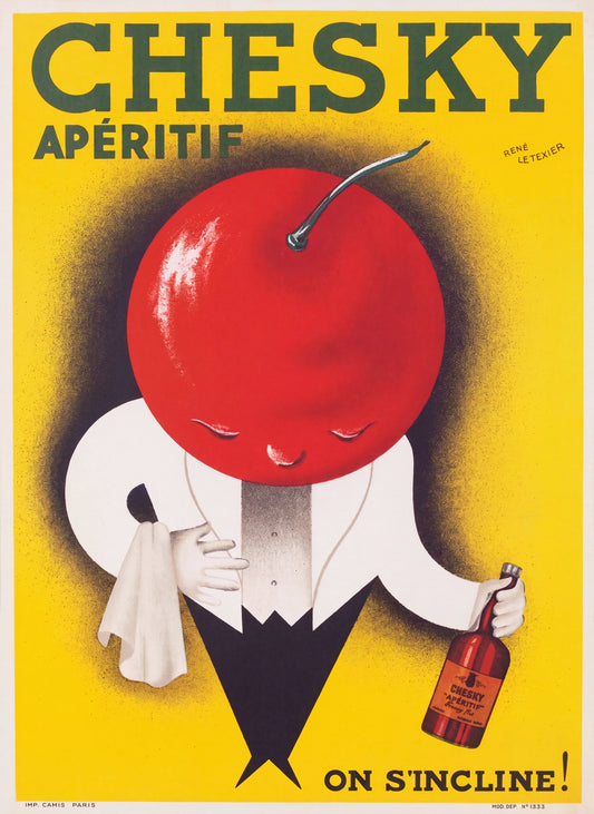 1926 French aperitif poster: red cherry-headed waiter in evening tails bowing with bottle, yellow ground, René Le Texier | The Vintage Poster Archives