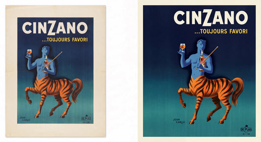 1950 Cinzano Toujours Favori poster by Jean Carlu, blue centaur with orange zebra-striped body, navy-teal ground | The Vintage Poster Archives