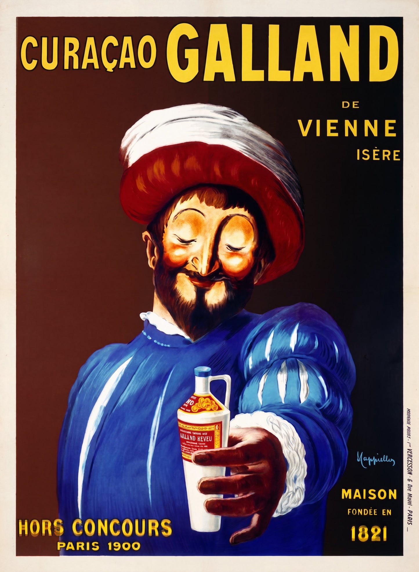 1911 French liqueur poster: turbaned Renaissance figure in cobalt blue doublet offers Curaçao Galland bottle, Cappiello | The Vintage Poster Archives