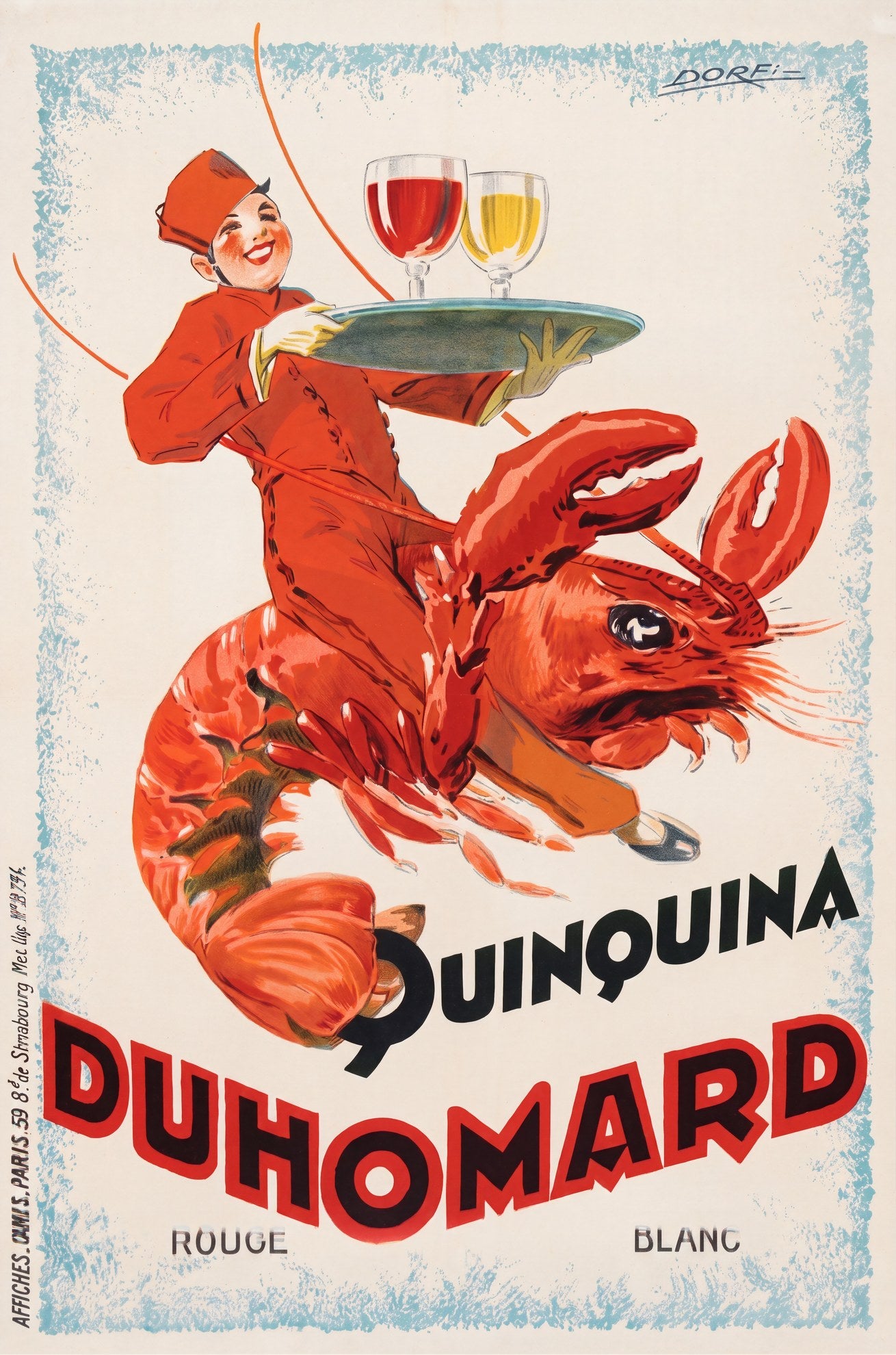 1920s French aperitif poster: waiter in red riding giant lobster, holding wine tray, bold red slab-serif, Albert Dorfinant | The Vintage Poster Archives