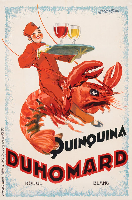 1920s French aperitif poster: waiter in red riding giant lobster, holding wine tray, bold red slab-serif, Albert Dorfinant | The Vintage Poster Archives
