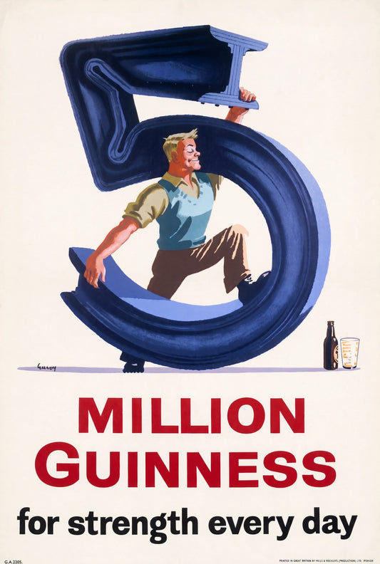 1950s Guinness vintage beer poster by John Gilroy: workman inside navy steel girder bent into numeral 5, scarlet bold type | Vintage Poster Archives