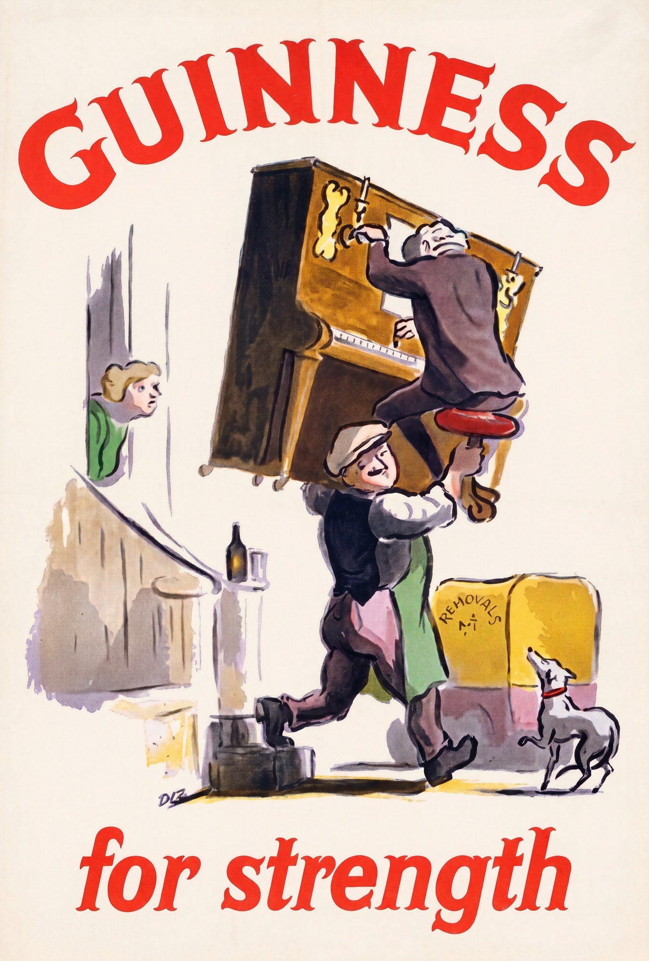 1950s Guinness for Strength poster, man carrying upright piano, removals van, greyhound, red lettering on cream | The Vintage Poster Archives