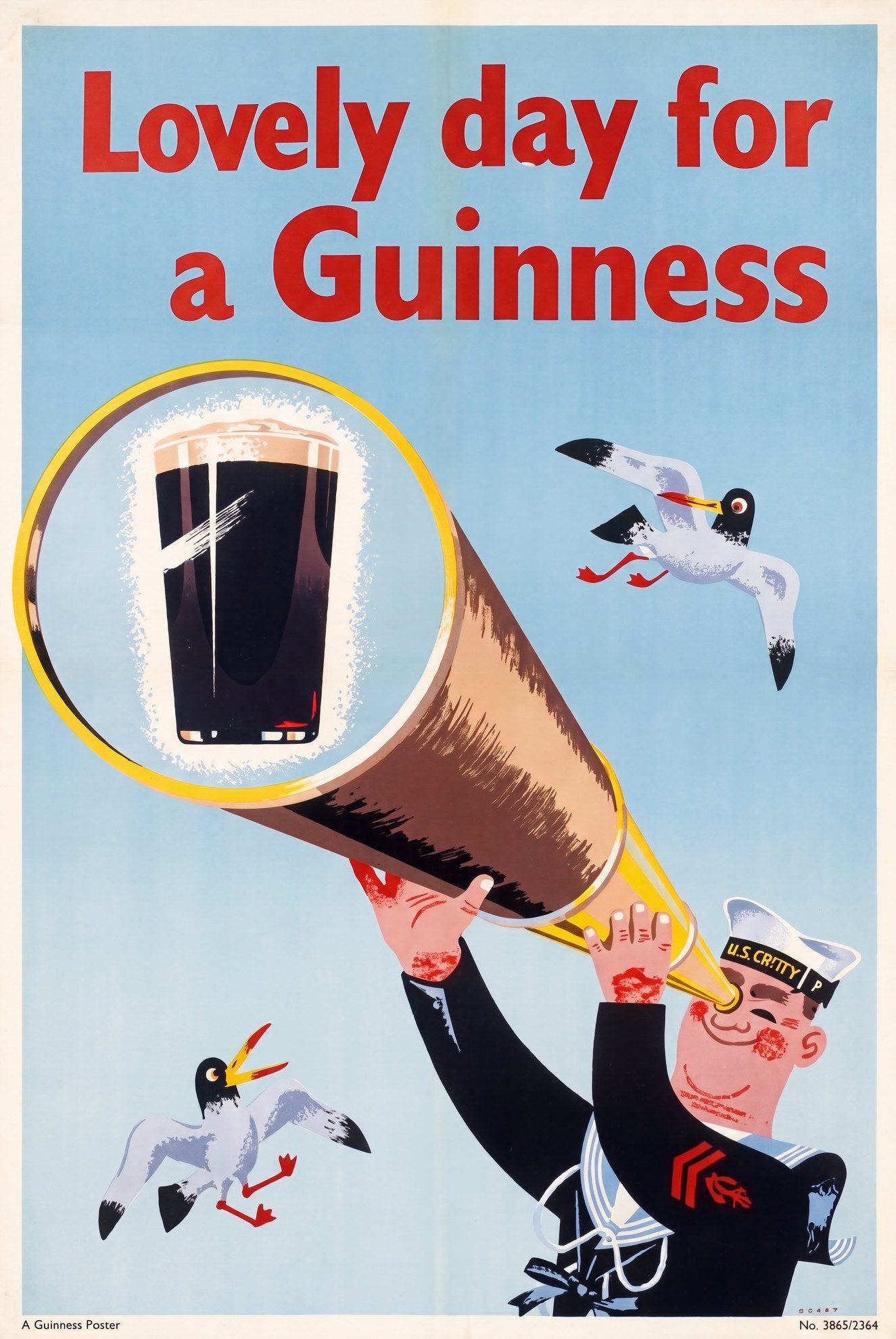 1950s Guinness vintage beer poster, sailor with brass telescope framing a pint of stout, sky-blue ground, seagulls, John Gilroy | The Vintage Poster Archives