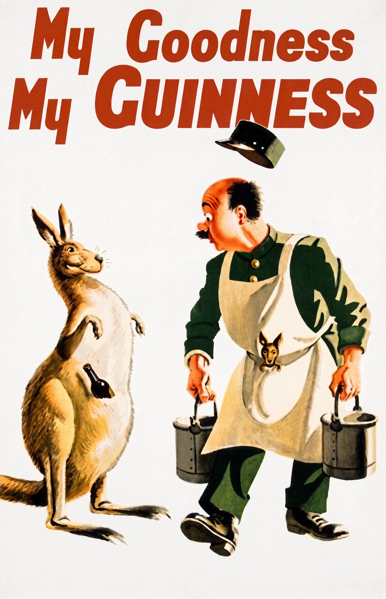 1950s Guinness advertising poster: zookeeper and kangaroo, rust-red 'My Goodness My Guinness' headline, John Gilroy | The Vintage Poster Archives