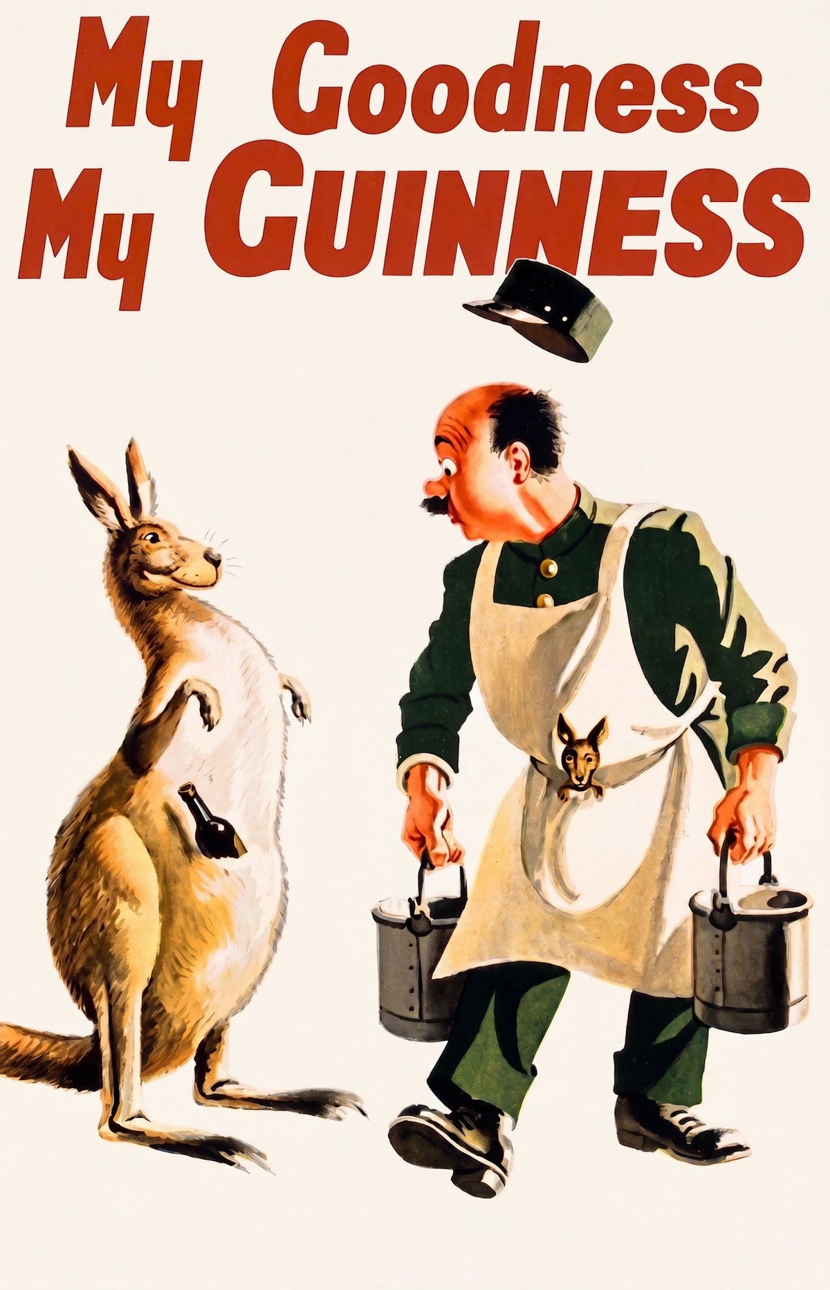 1950s Guinness beer poster showing kangaroo with zookeeper, My Goodness My Guinness, John Gilroy