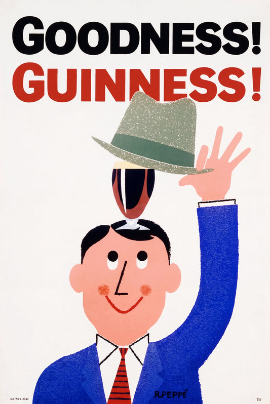 1962 Guinness beer poster showing smiling man in blue suit, pint balanced on head, hat tipping, R. Peppé | The Vintage Poster Archives