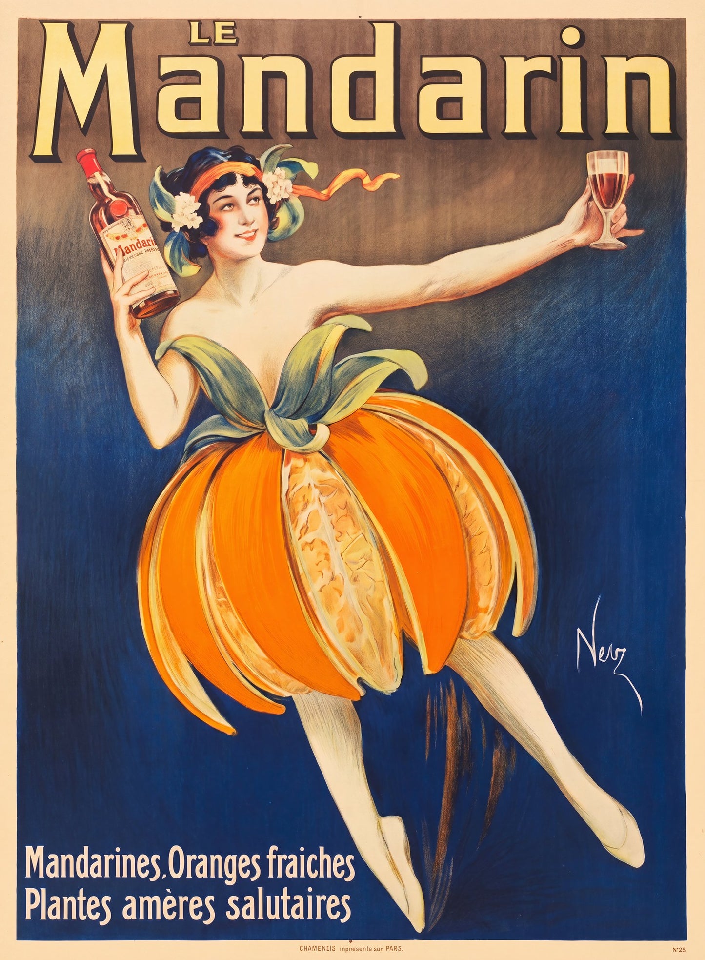 c.1904 Le Mandarin French liqueur poster, dancing woman in orange fruit skirt, cobalt blue ground, Niez | The Vintage Poster Archives