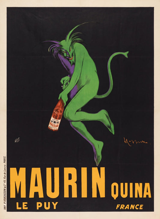 1906 Maurin Quina aperitif poster, leaping green devil on black ground, amber-gold type, Leonetto Cappiello | The Vintage Poster Archives