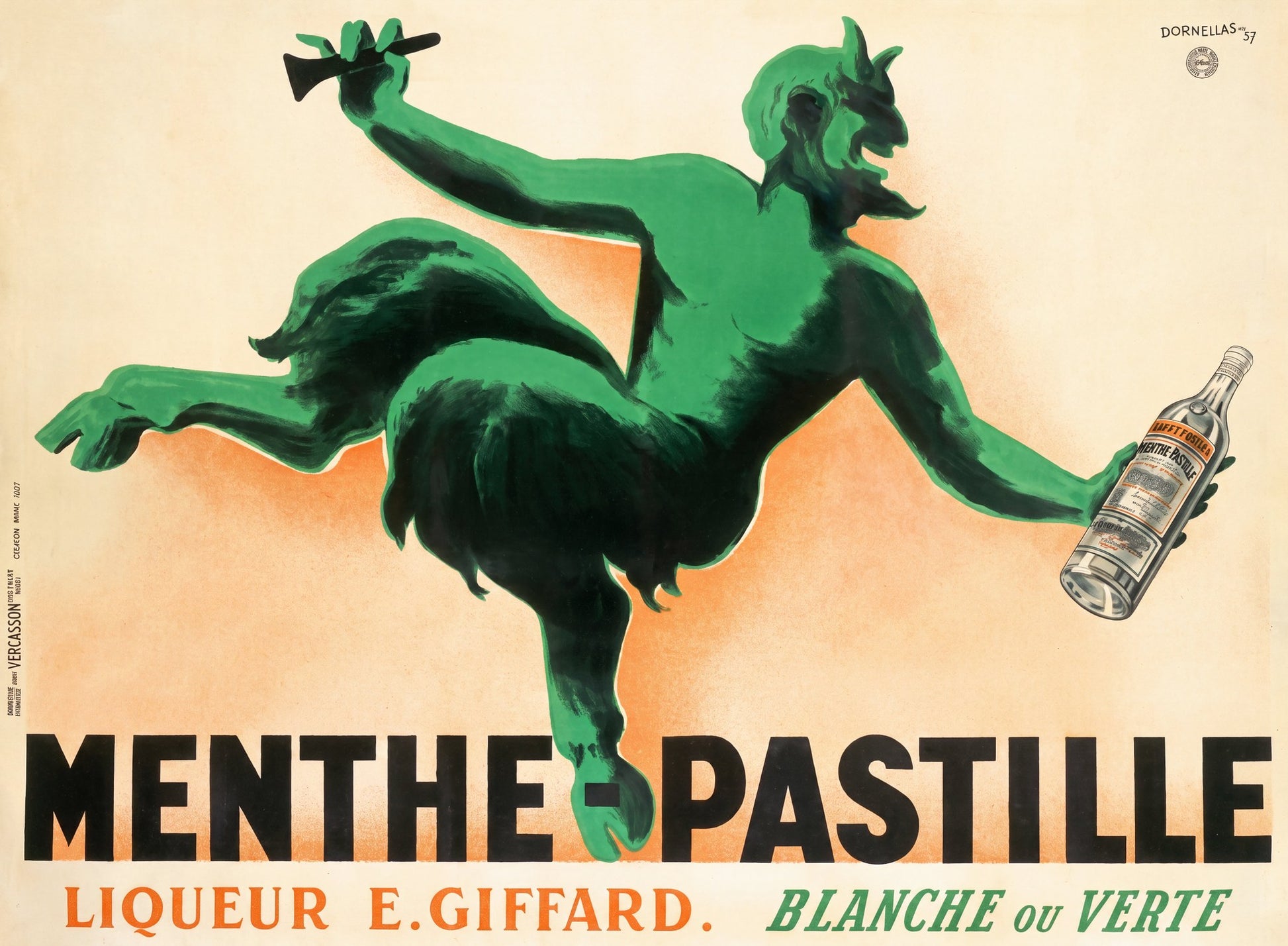 1937 Menthe-Pastille Giffard liqueur poster showing green satyr leaping with bottle, peach ground, Dornellas | The Vintage Poster Archives