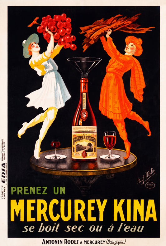1925 French aperitif poster: two dancing women with grapes and tobacco flank a Mercurey Kina bottle, black ground, Paul Mohr | The Vintage Poster Archives