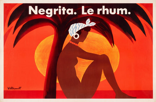 1974 Negrita Rhum poster, dark silhouette of seated woman under palm tree, amber sun, red ground, Villemot | The Vintage Poster Archives