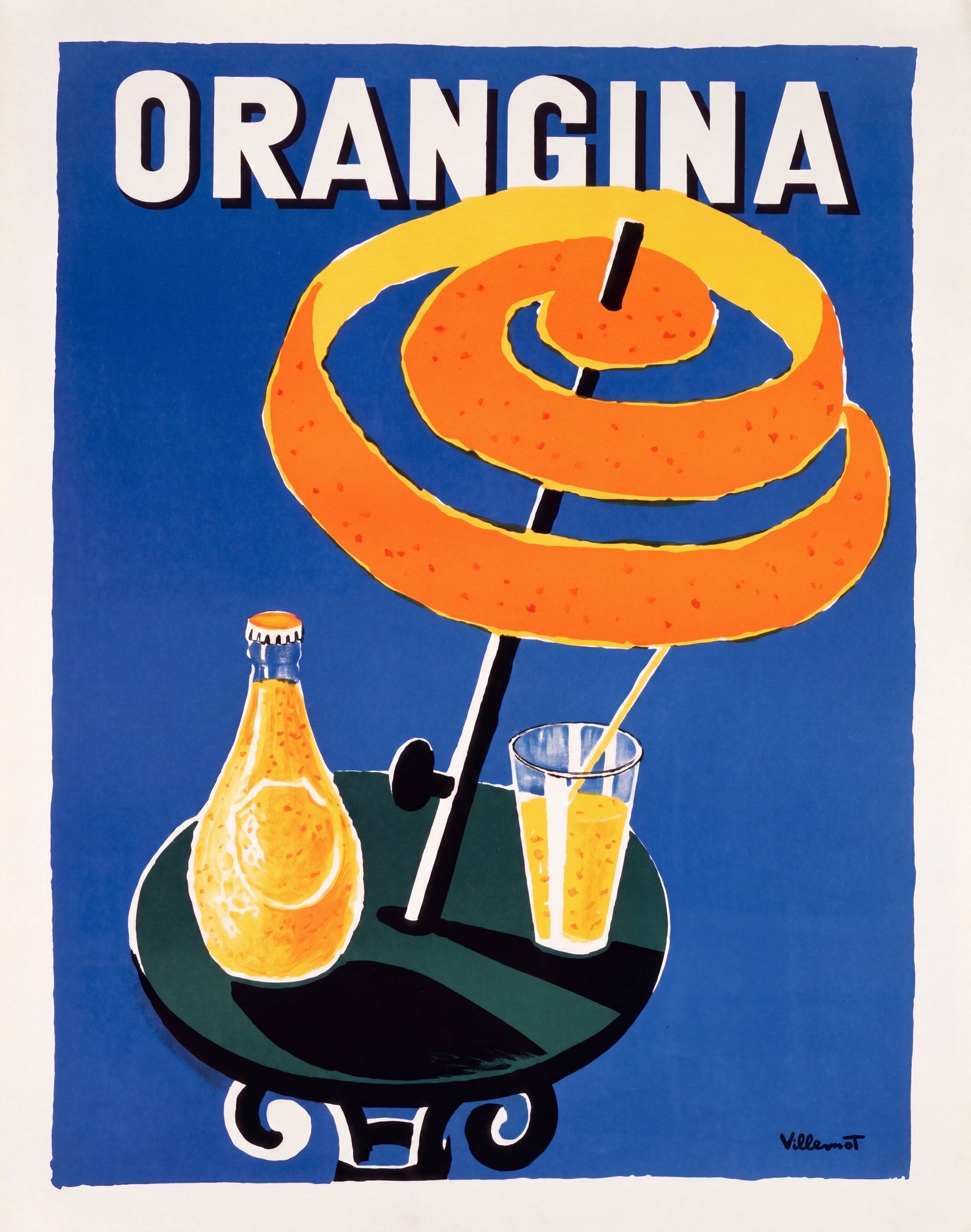 1953 Orangina advertising poster, orange-peel spiral parasol over cafe table, cobalt blue, Bernard Villemot | The Vintage Poster Archives