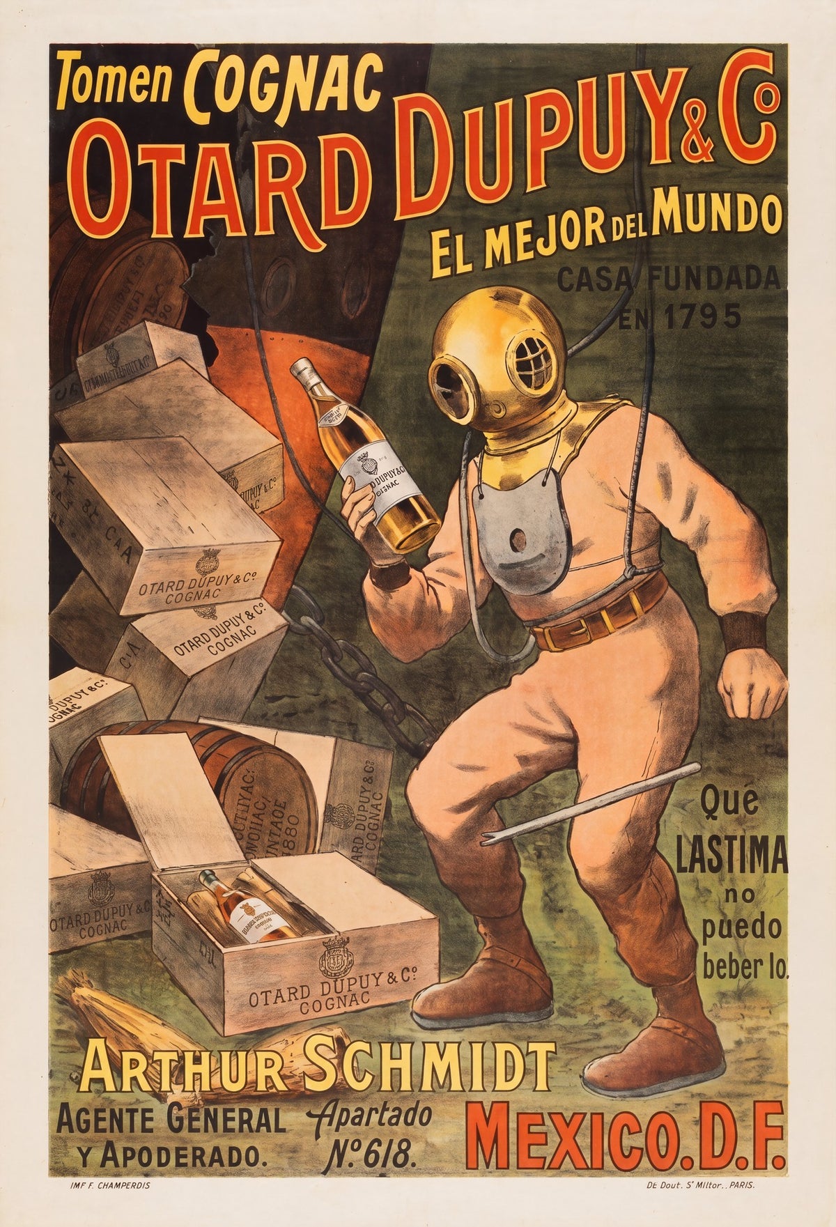 1910 Otard Dupuy Cognac poster showing helmeted deep-sea diver holding bottle on seabed, Spanish text, Mexico D.F. | The Vintage Poster Archives