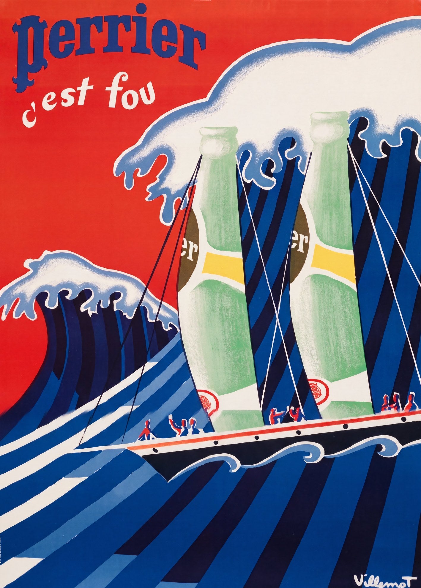 1980 Perrier c'est fou poster by Villemot: Perrier bottles as ship masts on blue waves, red ground | The Vintage Poster Archives