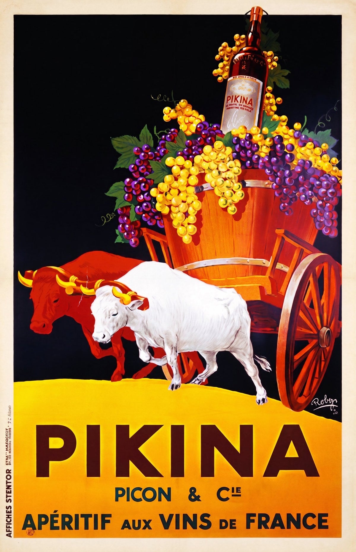 1934 Pikina Picon French aperitif advertising poster showing oxen cart scene, design by Robys