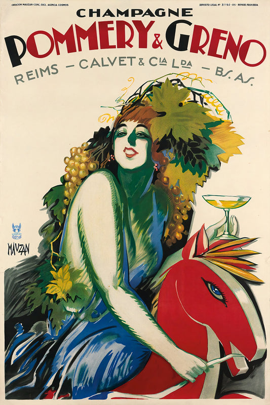 1925 Pommery & Greno champagne poster: woman in vine-leaf crown astride red horse, champagne coupe, Mauzan | The Vintage Poster Archives