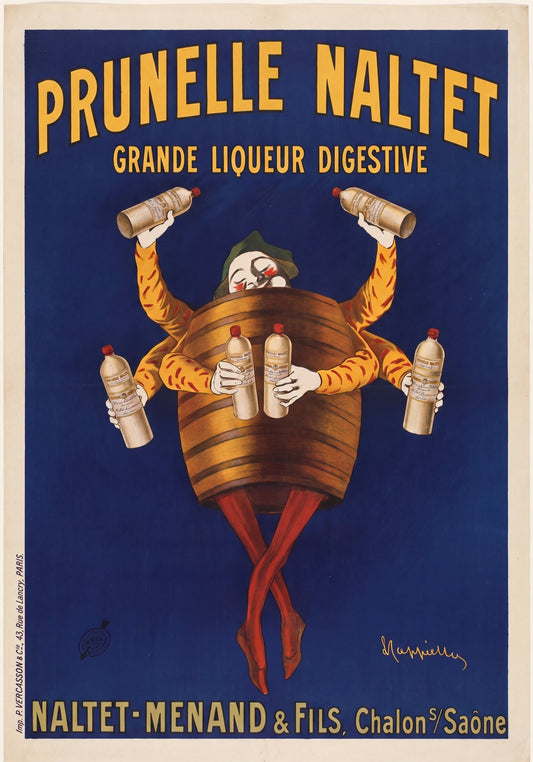 1904 Cappiello Prunelle Naltet poster, six-armed jester in barrel holding liqueur bottles, cobalt blue, golden type | The Vintage Poster Archives