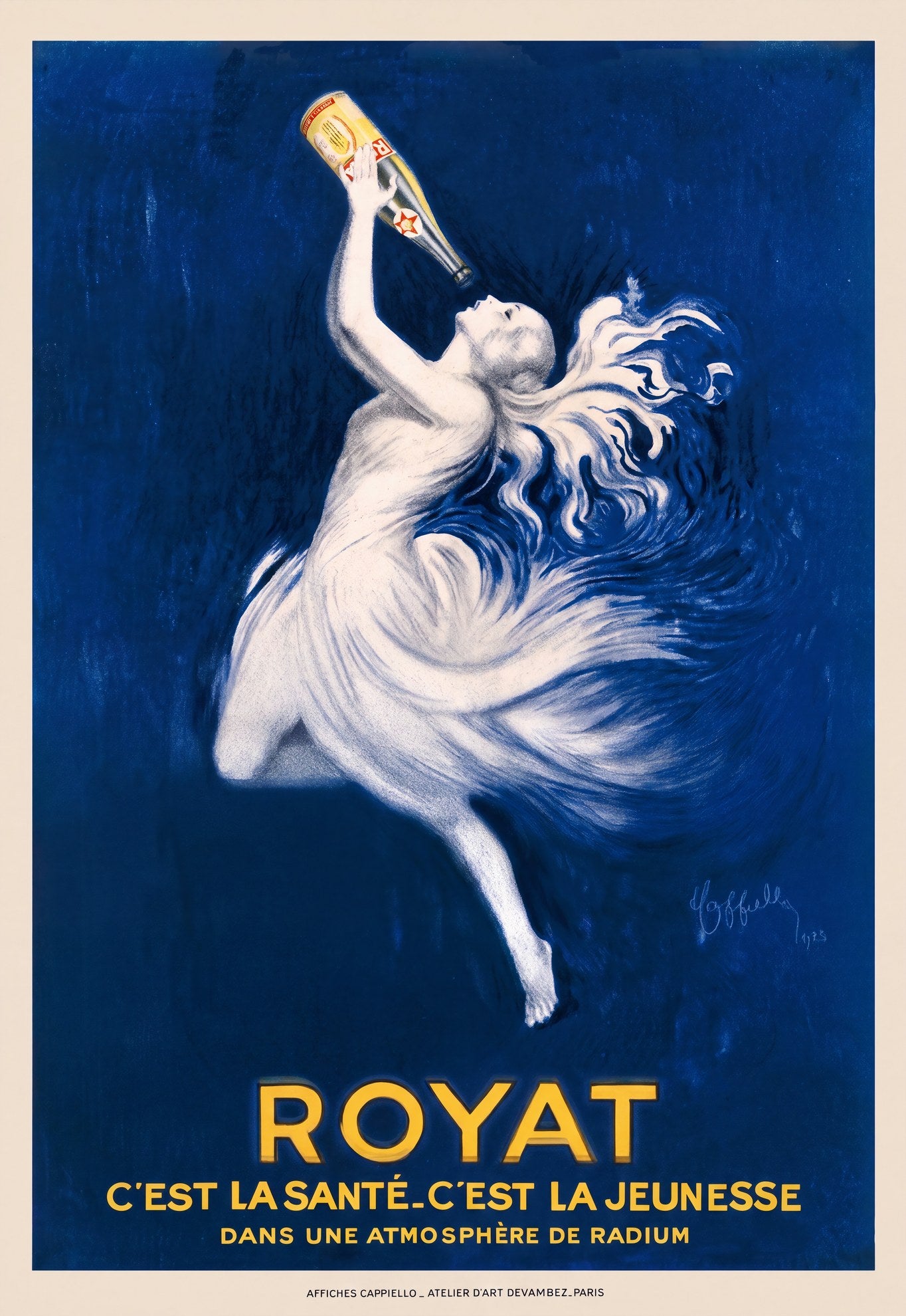 1923 Royat mineral water poster by Cappiello, white dancing female figure on cobalt blue, gold serif type | The Vintage Poster Archives