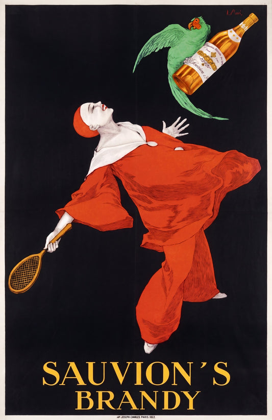 1925 Sauvion's Brandy French advertising poster, Pierrot in red holds tennis racquet, green parrot carries bottle, black ground, J. Stall | The Vintage Poster Archives
