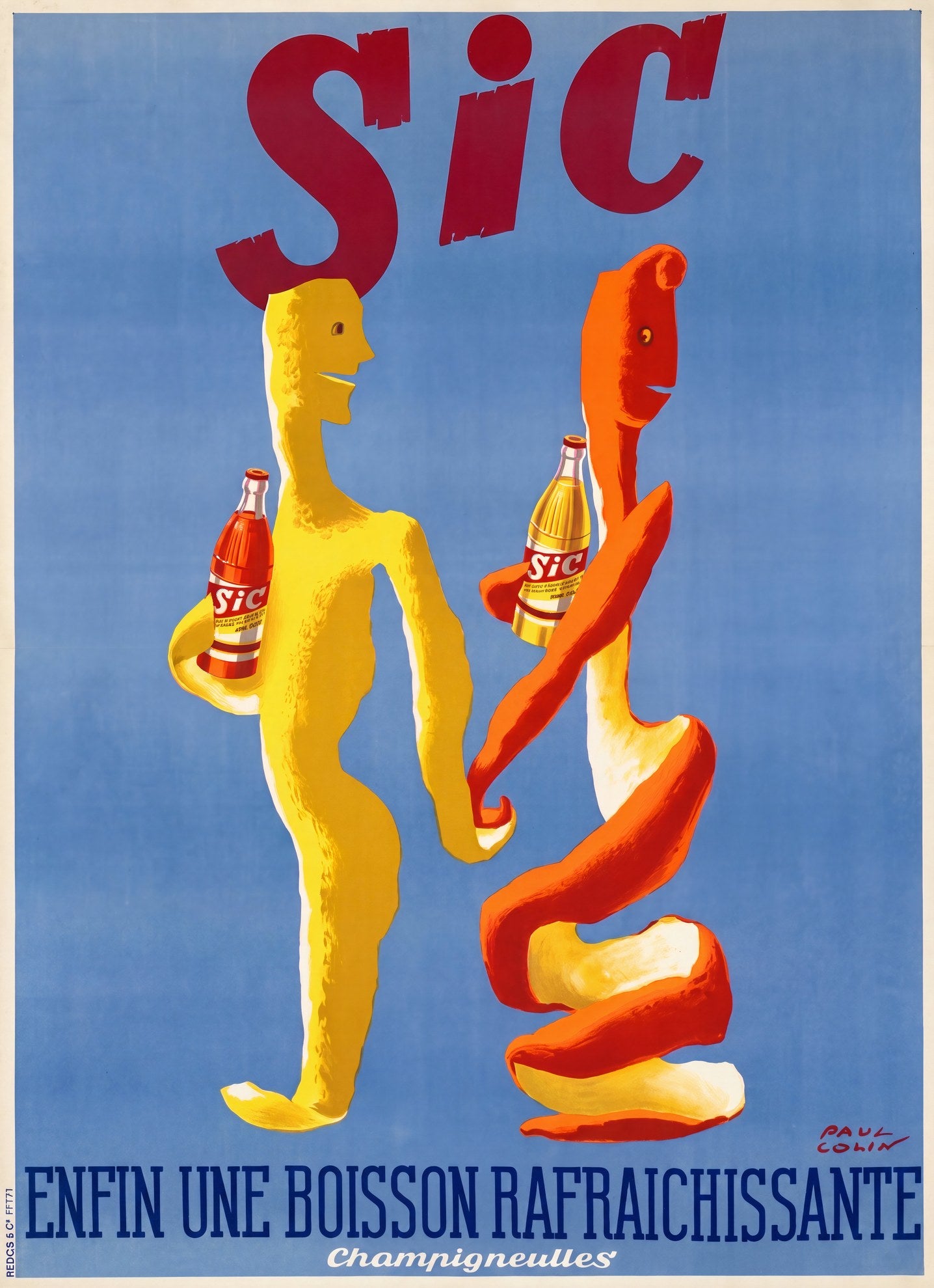 1950s French Sic soda advertising poster by Paul Colin, yellow and orange figures holding bottles, sky blue ground | The Vintage Poster Archives