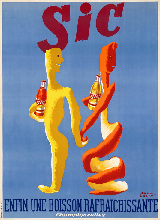 1950s French Sic soda advertising poster by Paul Colin, yellow and orange figures holding bottles, sky blue ground | The Vintage Poster Archives
