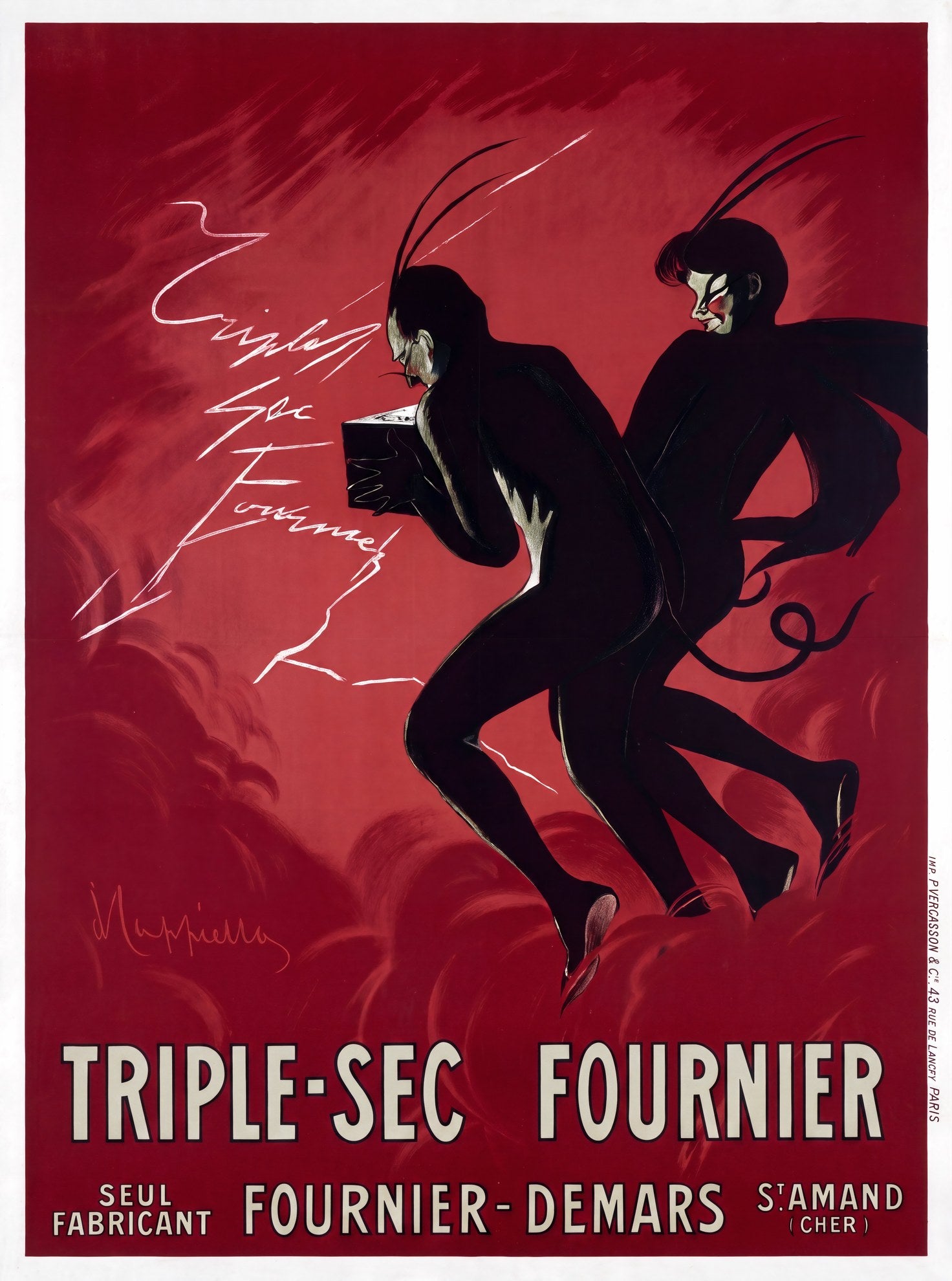 1907 French advertising poster by Cappiello: two black devil figures dance on crimson red ground, advertising Triple-Sec Fournier liqueur | The Vintage Poster Archives