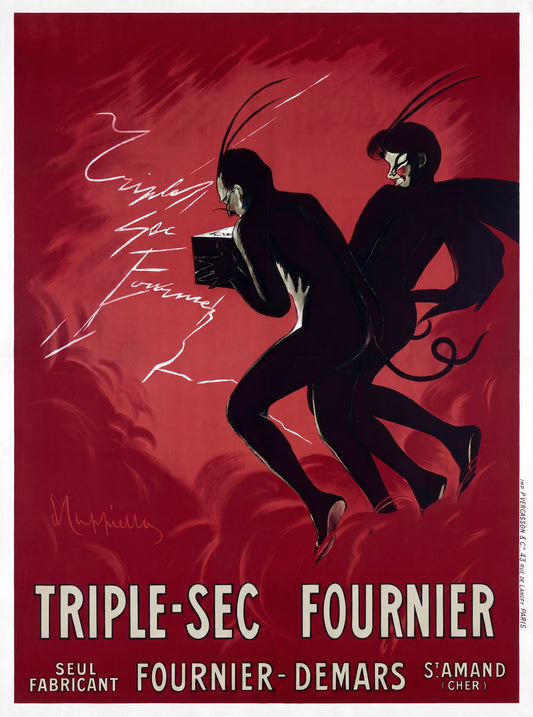 1907 French advertising poster by Cappiello: two black devil figures dance on crimson red ground, advertising Triple-Sec Fournier liqueur | The Vintage Poster Archives