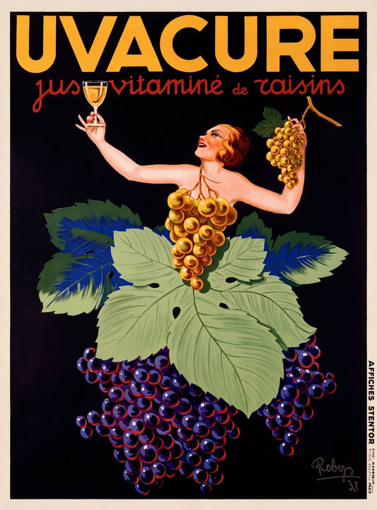 1938 Uvacure French grape juice poster, woman in golden grapes raising coupe glass, black background, Robys | The Vintage Poster Archives