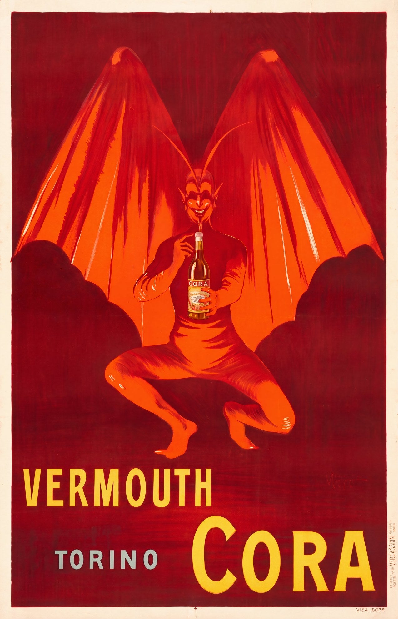 1920s Vermouth Cora Torino advertising poster, red winged devil holding amber bottle, crimson ground, Cappiello | The Vintage Poster Archives