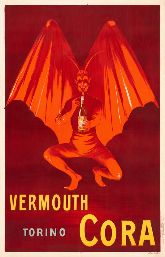 1920s Vermouth Cora Torino advertising poster, red winged devil holding amber bottle, crimson ground, Cappiello | The Vintage Poster Archives