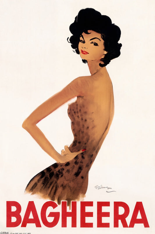 1950s French Bagheera fashion poster showing woman in leopard-print dress, red lips, white ground, Domergue | The Vintage Poster Archives