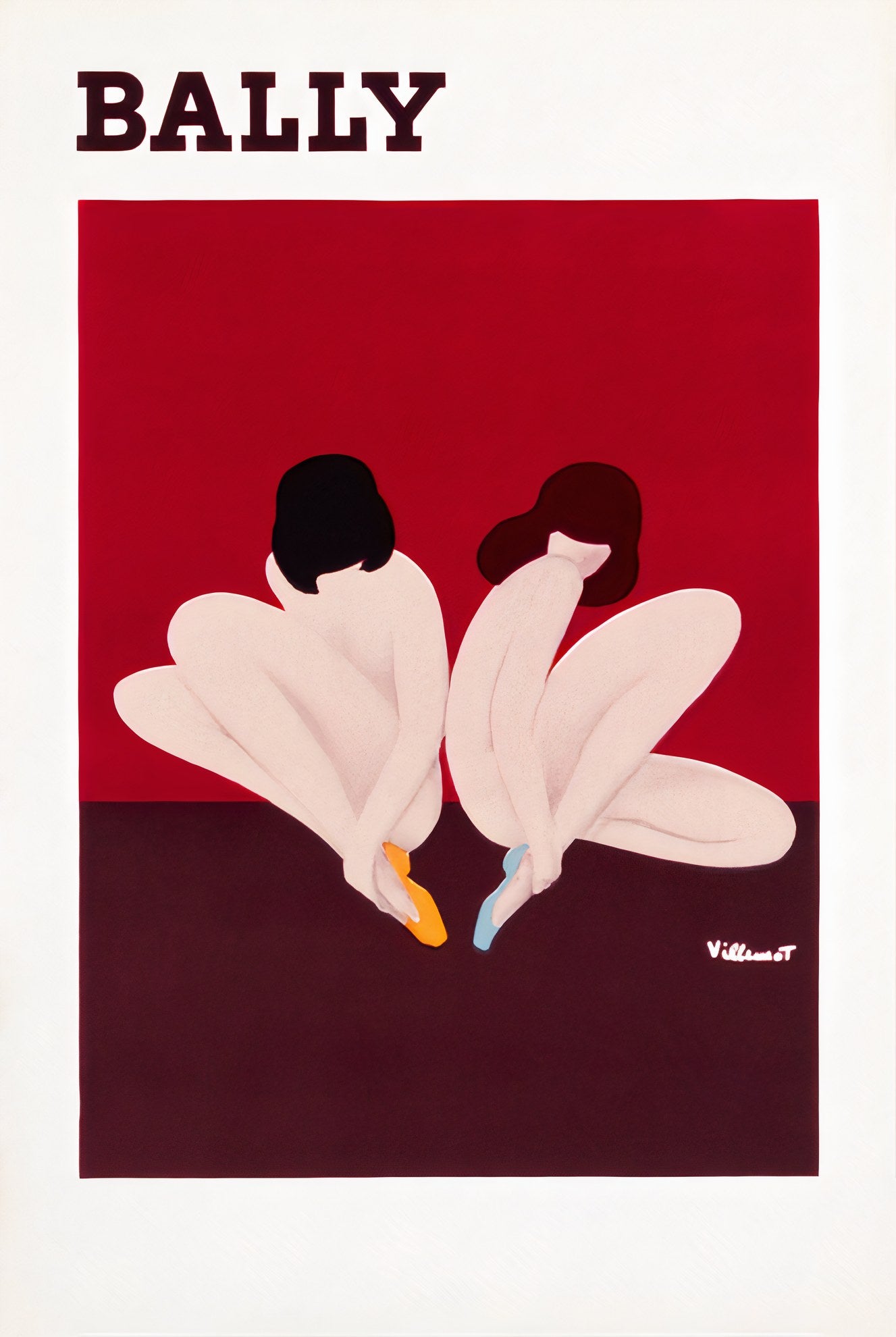 1970s Bally fashion poster showing two seated nude figures in pale pink, wearing coloured shoes, deep red background, Bernard Villemot
