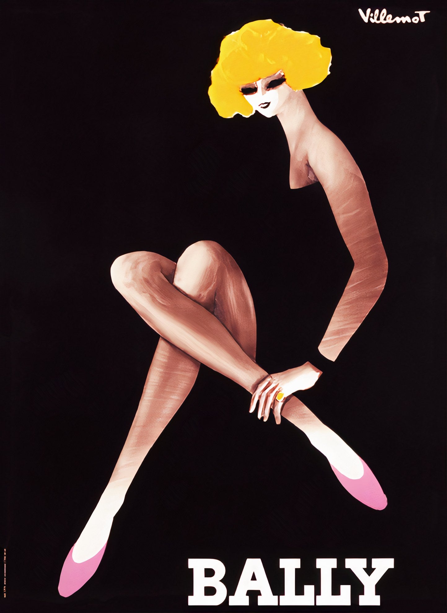 1982 Bally fashion poster showing seated blonde woman in pink shoes, Bernard Villemot minimalist design
