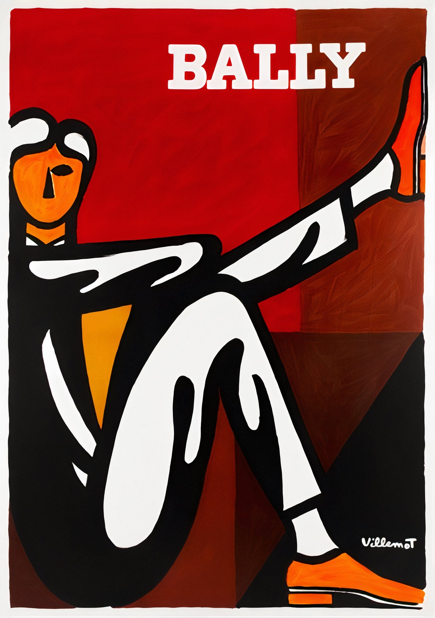 1989 Bally fashion poster showing woman in polka-dot dress kicking globe, red and black palette, Bernard Villemot