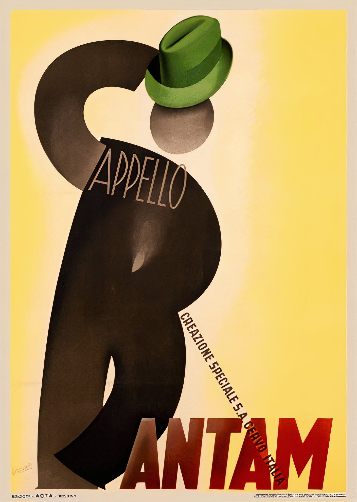1938 Italian Bantam hat advertising poster showing stylized brown figure with green hat, Art Deco typography, Gino Boccasile