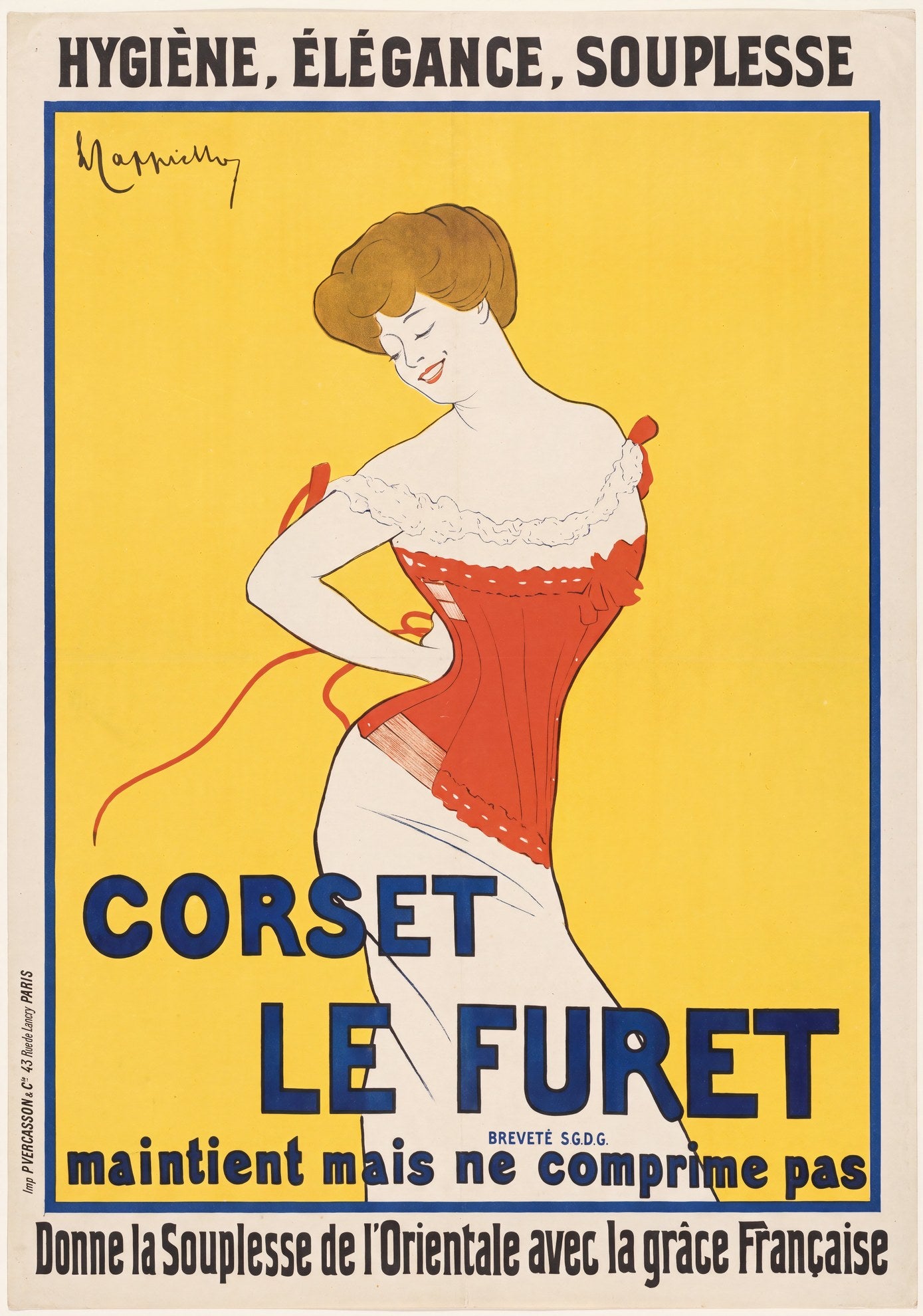 1901 Corset Le Furet poster by Cappiello, woman lacing red corset, chrome yellow ground | The Vintage Poster Archives