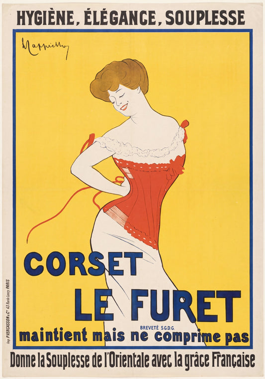 1901 Corset Le Furet poster by Cappiello, woman lacing red corset, chrome yellow ground | The Vintage Poster Archives