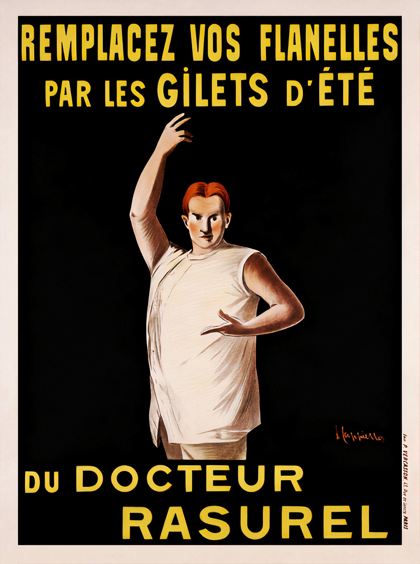 1906 French underwear poster showing man in cream vest against black background, yellow typography, Leonetto Cappiello