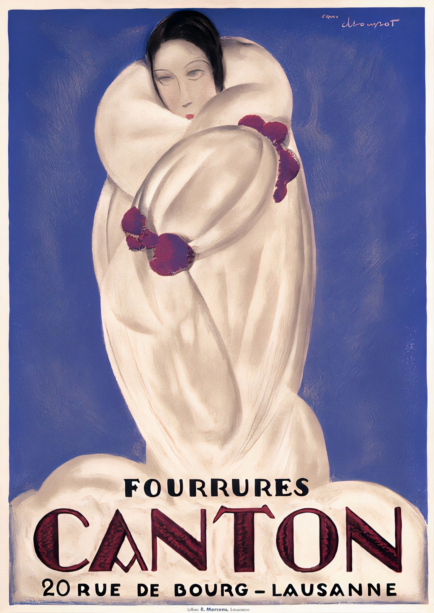 1920s Fourrures Canton fashion poster showing woman in white fur coat against blue background, Art Deco style, Charles Loupot