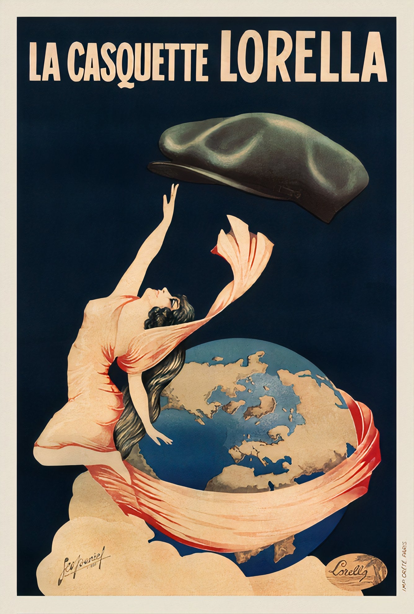 1925 French hat poster by Cappiello showing woman reaching for cap above globe, navy and cream Art Deco design | Vintage Poster Archives