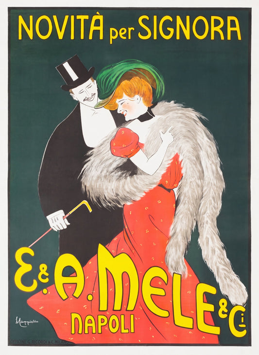 1903 Italian fashion poster: woman in red dress and fur stole with man in top hat, deep green ground, Cappiello | Vintage Poster Archives